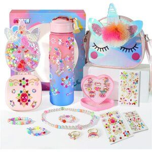 Unicorn gift set for girls age 4 5 6 7 8 9 bracelet making kit water bottle bag